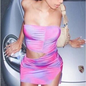 I.AM.GIA Zaria Dress in cloud print pink purple & white asymmetrical mini dress